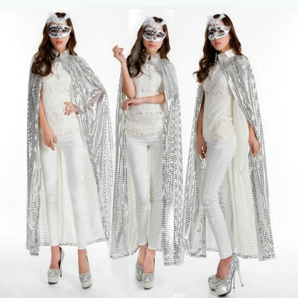 Soft Long Shiny Sequin Cape Vintage Fantasy Halloween Cosplay Robe Stand Collar Lightweight Shiny Cloak Women