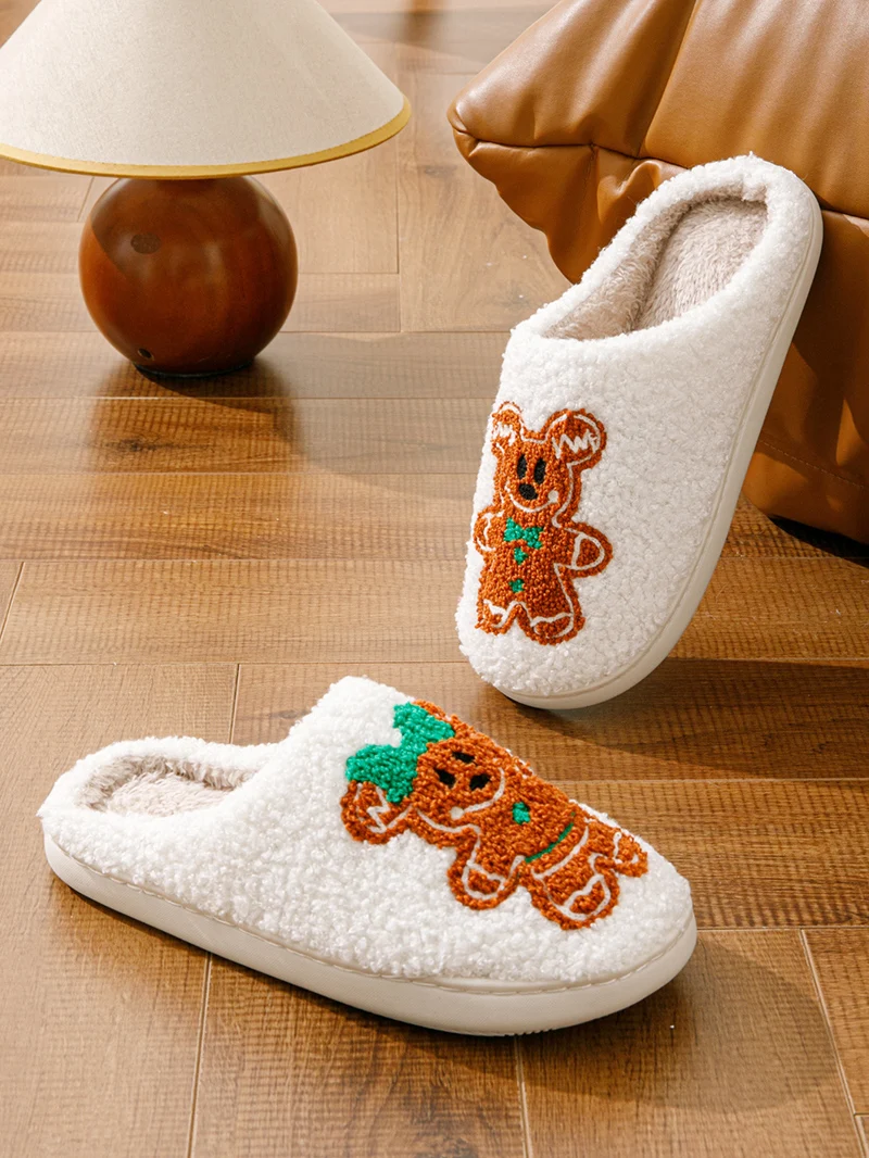 SHAJI Unisex Lebkuchen-Weihnachts-Plüschpantoffeln Warm Gemütlich Leicht Geräuscharm Hausschuhe für Weihnachtsgeschenk – Detail 6