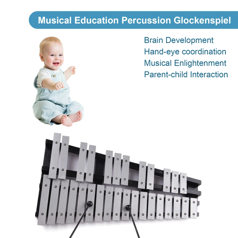 Foldable 30 Note Glockenspiel Xylophone Wooden Frame Aluminum Bars Educational Percussion Musical Instrument Gift with Bag