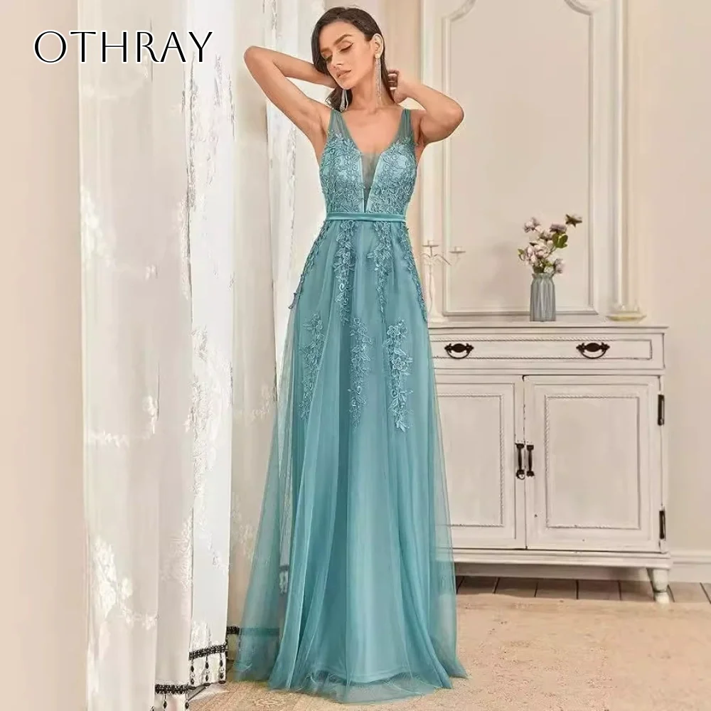 

Appliques V-neck A-line Evening Dress Pleated Tulle Floor Length Backless Sleeveless Customized Party Dresses vestidos de gala