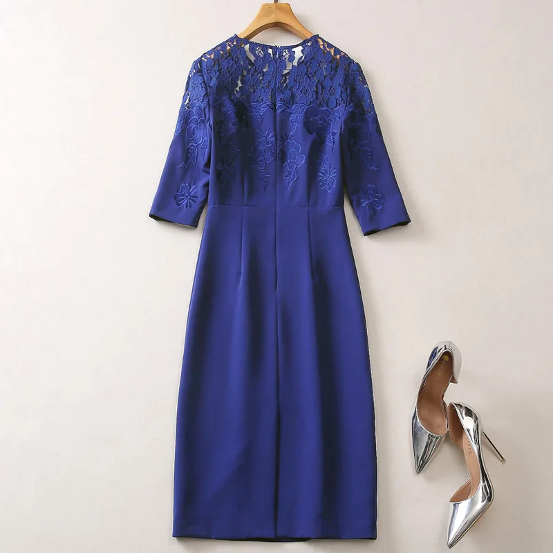 Women\'s Kate Princess Lace Embroidery Dress, Blue, Elegant, O-Neck, Patchwork, Work Dresses, 50601