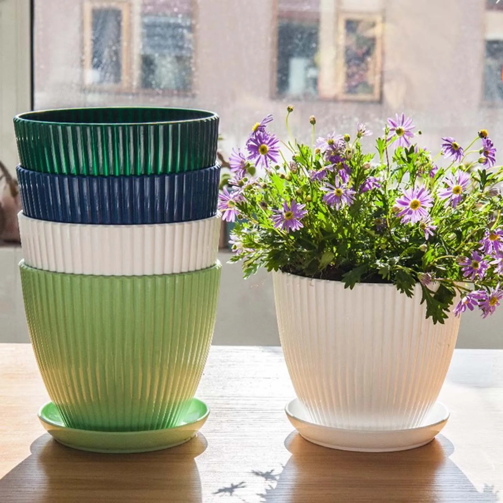 Vertical Striped Thickened Plant Pot Non-Ceramic Plastic Flower Pot With Saucer Balcony Desktop Potted Plant Decor 2026 Trending - view 2