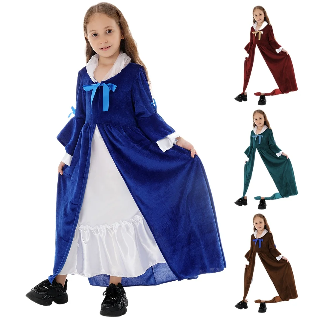 

Детское длинное платье в стиле средневекового Ренессанса для девочек, французский винтажный комплект с длинным платьем и бантом, детский наряд для ролевых игр, костюмы для косплея на Хэллоуин