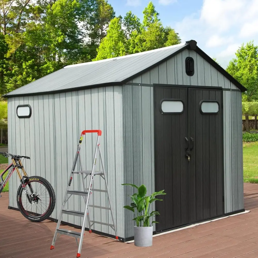 8X12FT Outdoor Resin Storage Shed, Waterproof Plastic Garden Shed with Lockable Door, Windows & Vents, Outside Tool Storage Shed for Patio Furniture, Lawn Mower, Bike