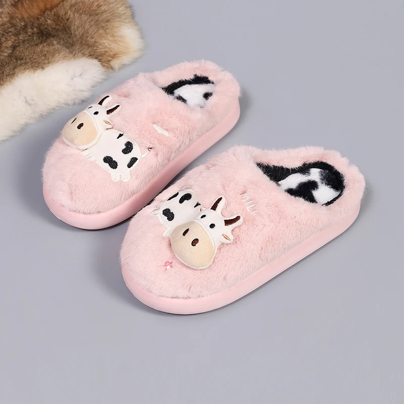 3D-Kuh-Plüsch-Hausschuhe für Damen, warme, flauschige Mules für den Winter, Mädchen-Freizeit-Hausschuhe, flauschige Fell-Slides, Unisex, weiche Plateausohle – Detail 24