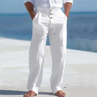 Pantalones de algodón de otoño y primavera para hombre, pantalones informales transpirables y acogedores, diseño de cordón con botones, pantalones largos de vacaciones de estilo playero