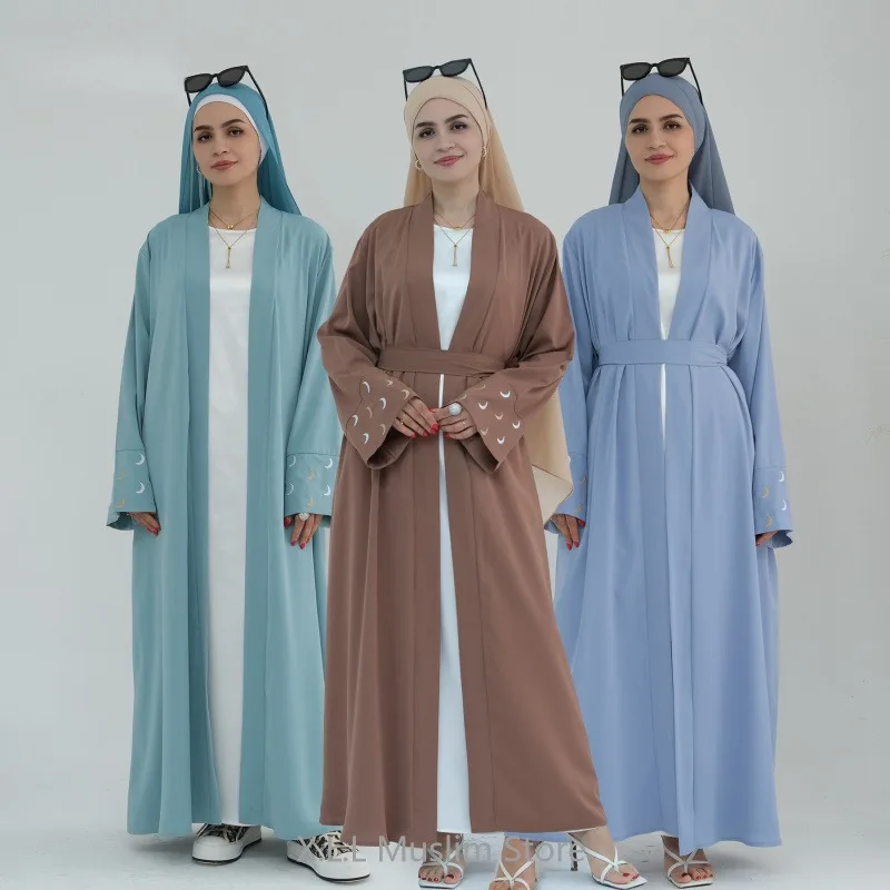

Opened Moon Embroidery Kimono Muslim Dress Women Abaya Beige Simple Kaftan Turkey Dubai Modest Robe Clothing Femme Musulamne