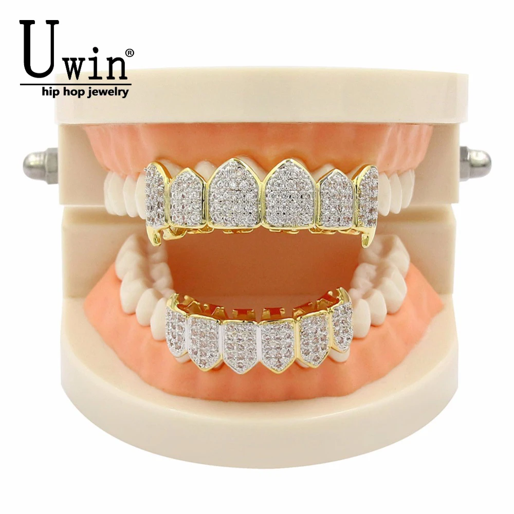 UWIN Hip Hop GRILLs Iced Out AAA Zircon Fang Mouth Teeth Grills Caps Top & Bottom Grill Set Vampire Fashion Grills Jewelry