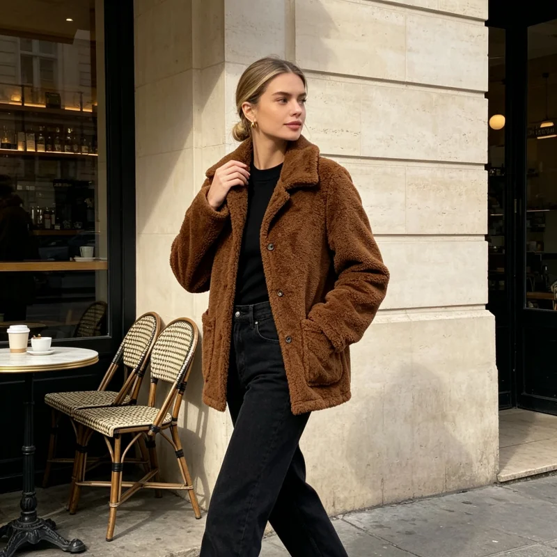 Damen-Kurzmantel mit Reverskragen, Sherpa-Teddy-Optik, Knopfleiste vorne, flauschige, weiche Plüschjacke mit Taschen, Winter-Freizeit-Oberbekleidung – Detail 2