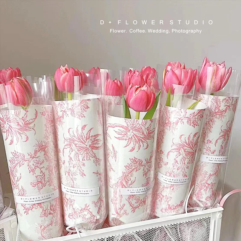 European Style Retro Kraft Paper Net Red Flower Bouquet Packaging Paper Flower Art Bag Flower Shop Material Decorative Paper