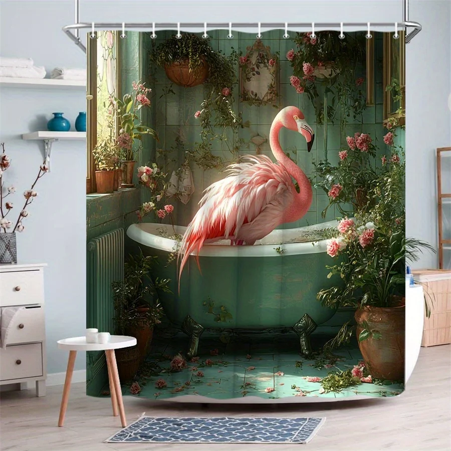

Занавеска для душа с рисунком розового фламинго в ванной, водонепроницаемая, влагостойкая, для защиты от посторонних глаз, с принтом в стиле бохо, садовый дизайн, крючки в комплекте