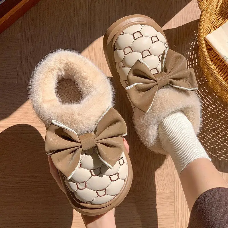 

Indoor Fluffy Slippers Female Bowknot Designer Winter Snow Booties Platform Ankle Boots Women House Flats Footwear Warm Shoes