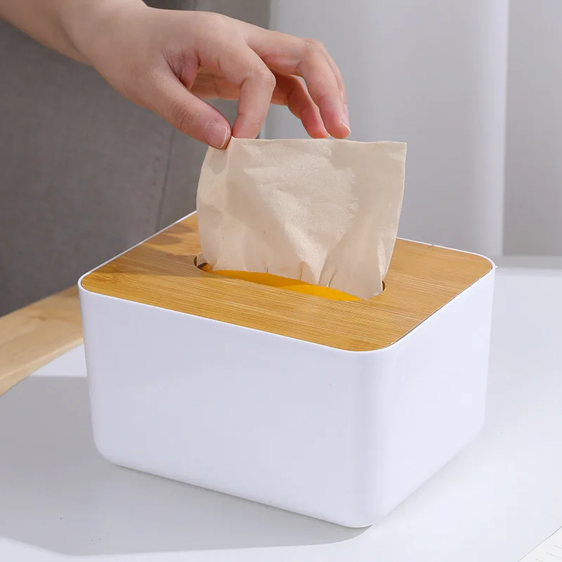 Plastic Tissue Box Wooden Lid Square Napkin Holder Container Wet Tissue Paper Dispenser Case Modern Home Car Organizer