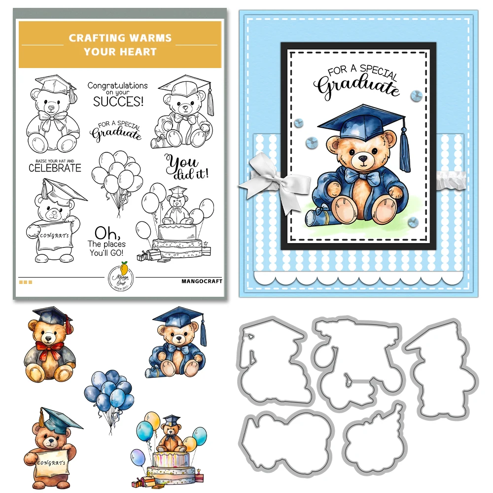 Mangocraft Graduation Season Bear Balloons Cutting Dies Clear Stamp DIY Scrapbooking Metal Dies Silicone Stamps For Cards Albums