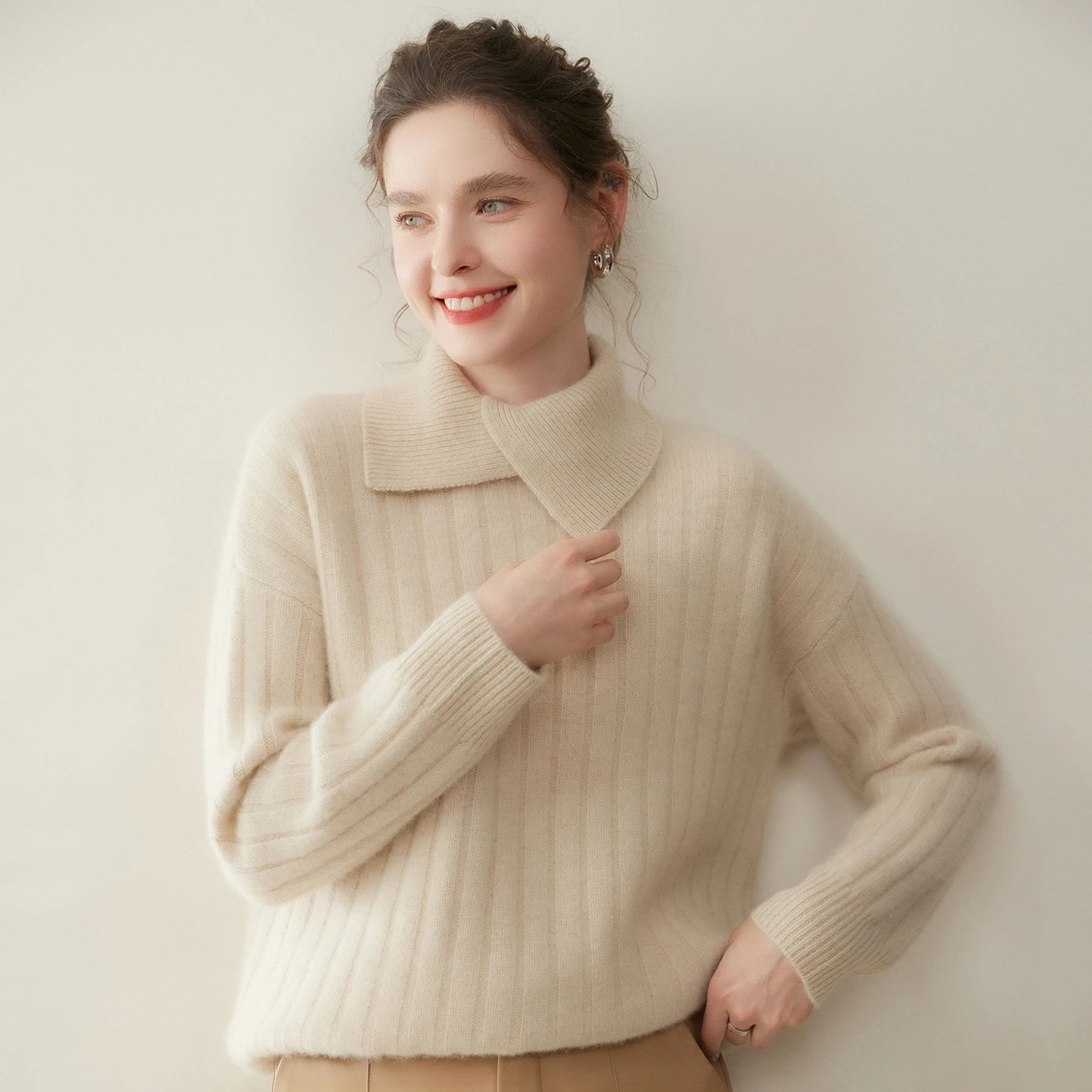 Luxury Cashmere Sweater Women Loose Slim Knit Pullover Versatile Temperament Lapel Pit Striped Base Fashion Trend 2025