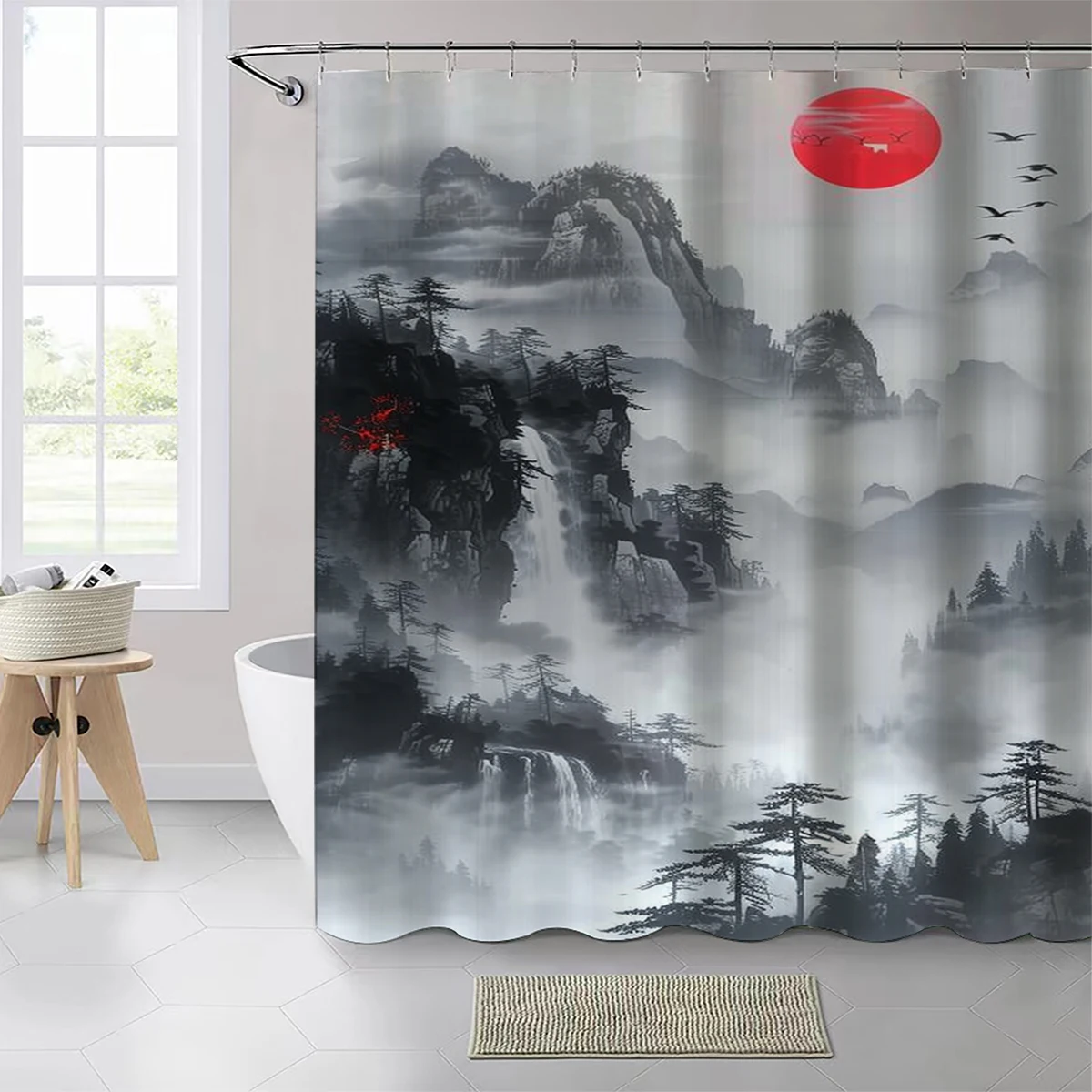 1 pack Chinese landscape painting pattern polyester material shower curtain tarpaulin bathroom thickeneded mildew-proof partition curtain bathroom