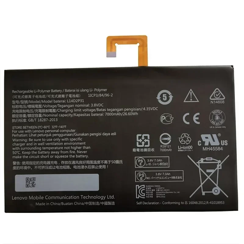 Original Battery For Lenovo Tab 2, L14D2P31, 3.8V, 7000mAh, 26.6Wh, A7600-F, A10-70F, Tab2, A10-70, A10-70L, New