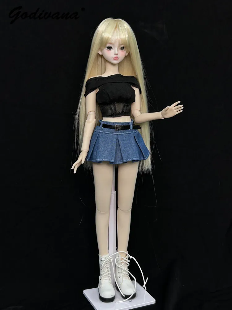 SD 1/3 1/4 1/6 BJD Doll Clothes Maid Skirt Witch Magic Girl Retro Lolita Dress One-shoulder Cropped Top and Denim Pleated Skirt