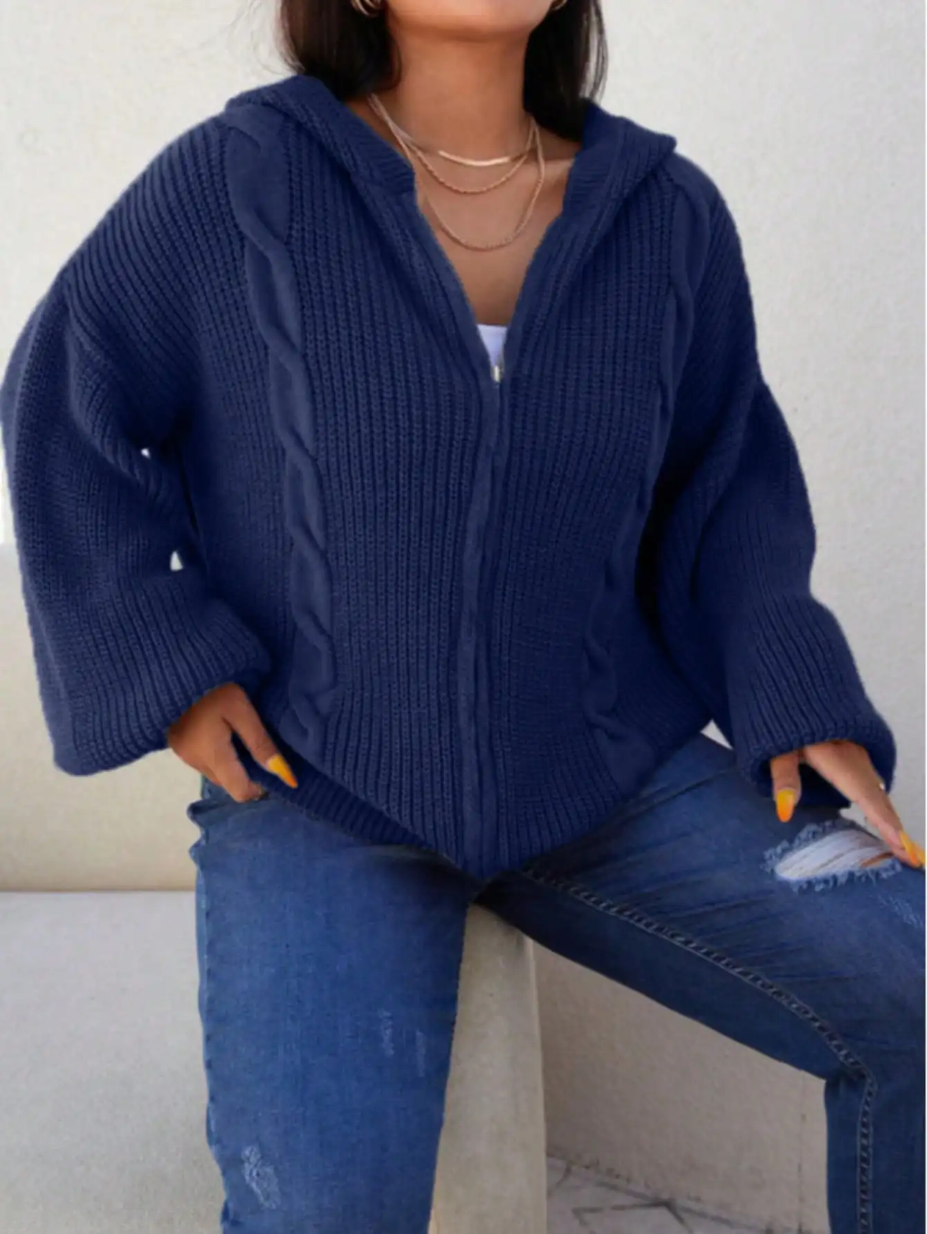 Plus Size Women's Hooded Zip Up Cardigan Cable Knit Sweater Loose Long Sleeve Solid Color Loungewear Autumn Winter Coat