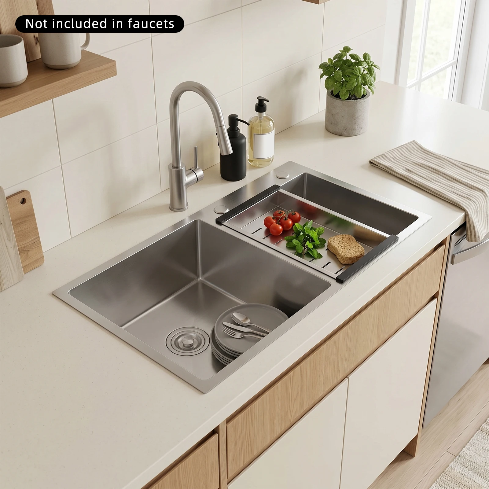 Double Bowl Kitchen Sink 304 Stainless Steel 30.7x16.9 Inch with Drainage Filter X-Guide for Home Kitchen