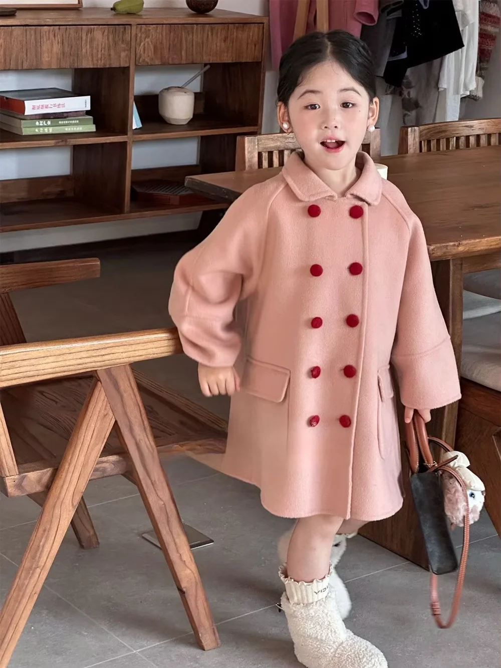 Girls Winter Long Wool Coat 2026 New Pink Sweet Style Overcoat Kids Fashion Outerwear 130-170CM
