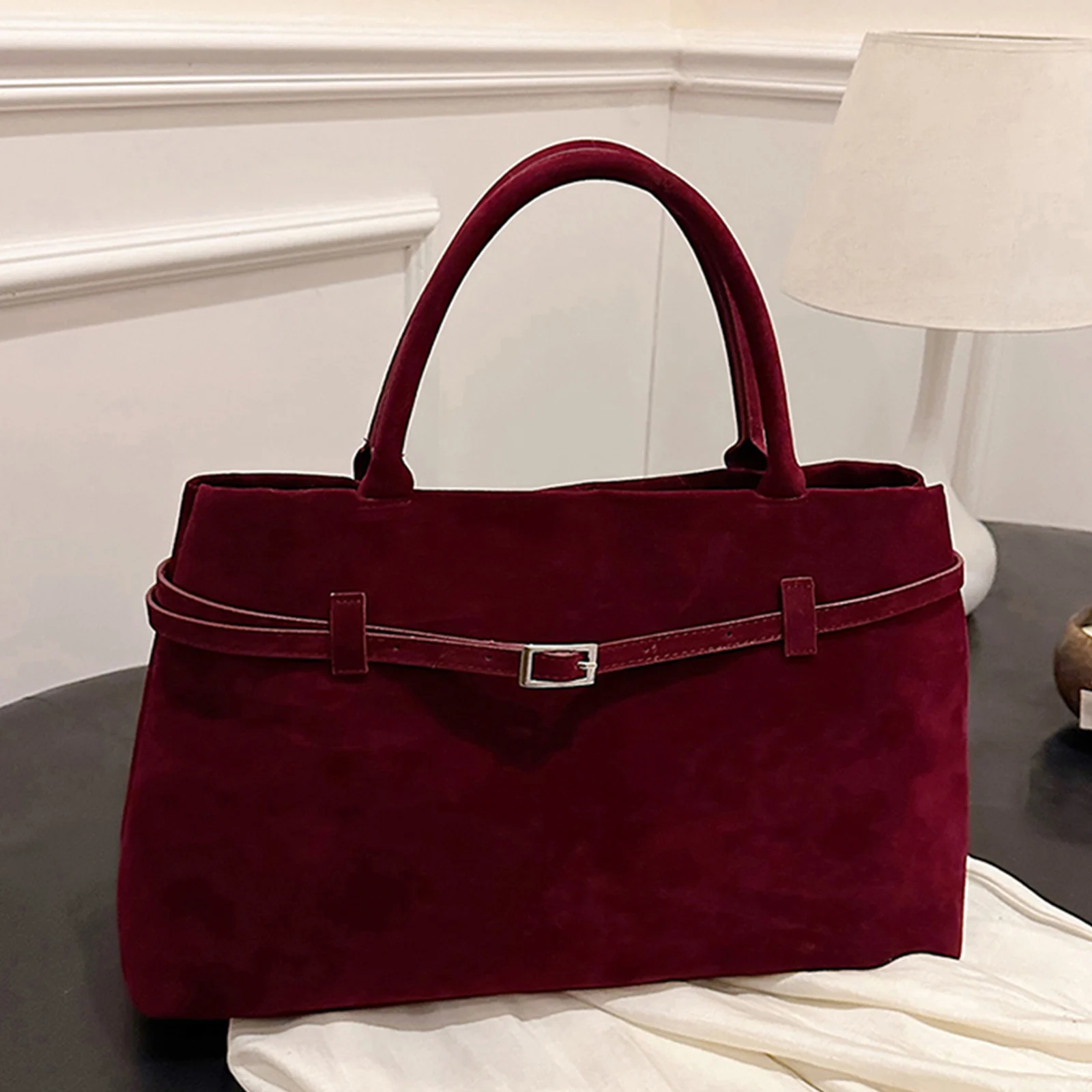 

Fashion Faux Suede Top-Handle Bags Large Capacity Tote Bag Solid Color Handbag Vintage Shoulder Bag Winter Travel Armpit Bag