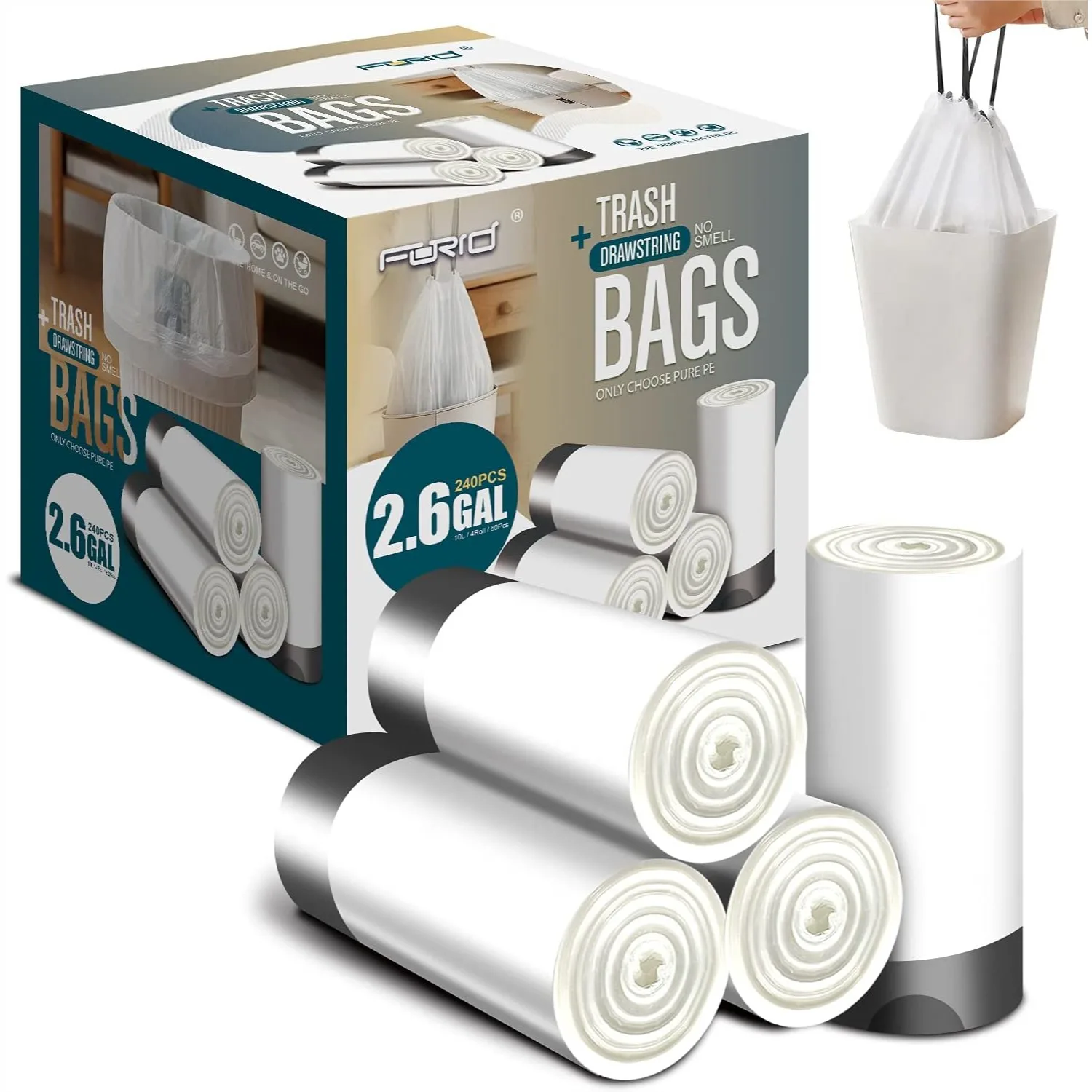 

Small Drawstring Trash Bags 2.6 Gallon White Garbage Bags 240 Count, Durable & Thick Multipurpose Use