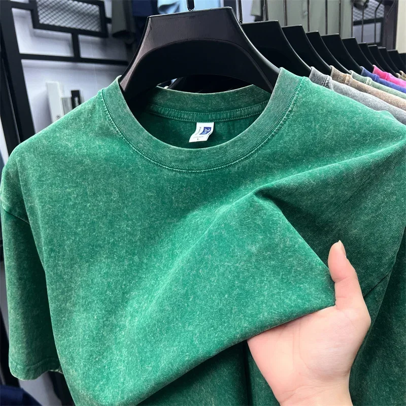 

Новые летние мужские футболки из плотного хлопка 230 г, винтажные, с эффектом выцветания, оверсайз, унисекс, базовые, с коротким рукавом, свободные, для тренировок