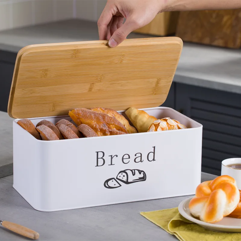 Breathable Metal Bread Box with Bamboo Cutting Lid,Toast Storage Container for Kitchen Countertop,Baguette Bin,Food Organizer