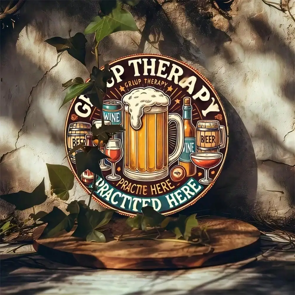 HD Printed Tin Plate Painting - 3D Relief Group Therapy Practiced Here 2D Metal Wall Art Retro Beer Wine Bar Decor for Home Pub
