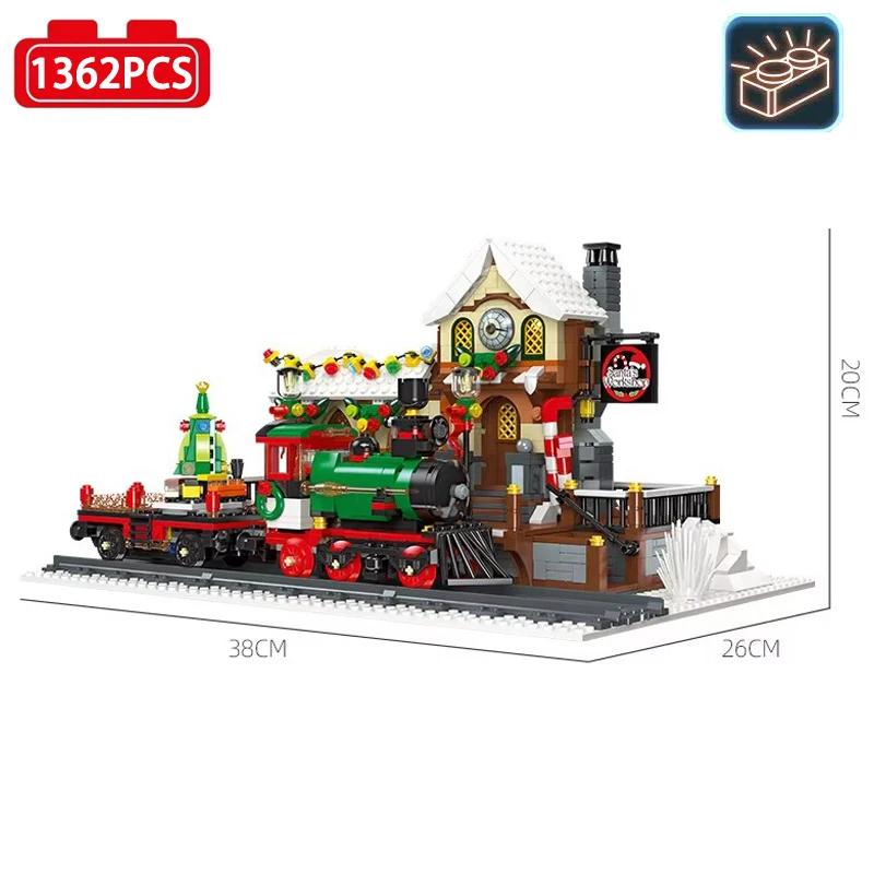 Street View Series Winter Train Station Building Block City Christmas Rail Train Model Bricks Toy For Kid Xmas Gift MOC With LED