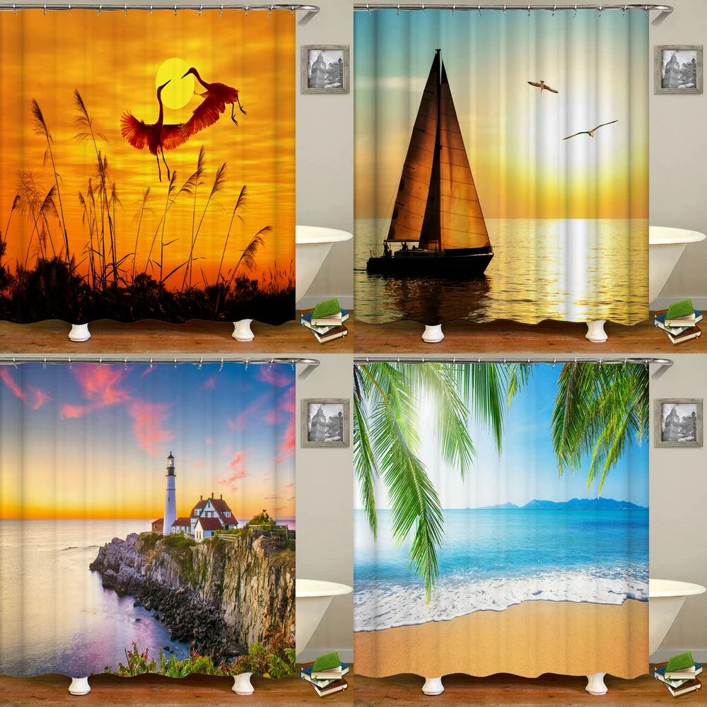 

Waterproof Fabric 3d Shower Curtains Printed Sunset Dusk Scenery Bathroom Curtains Large Size 240X180 Decoration Bath Screen