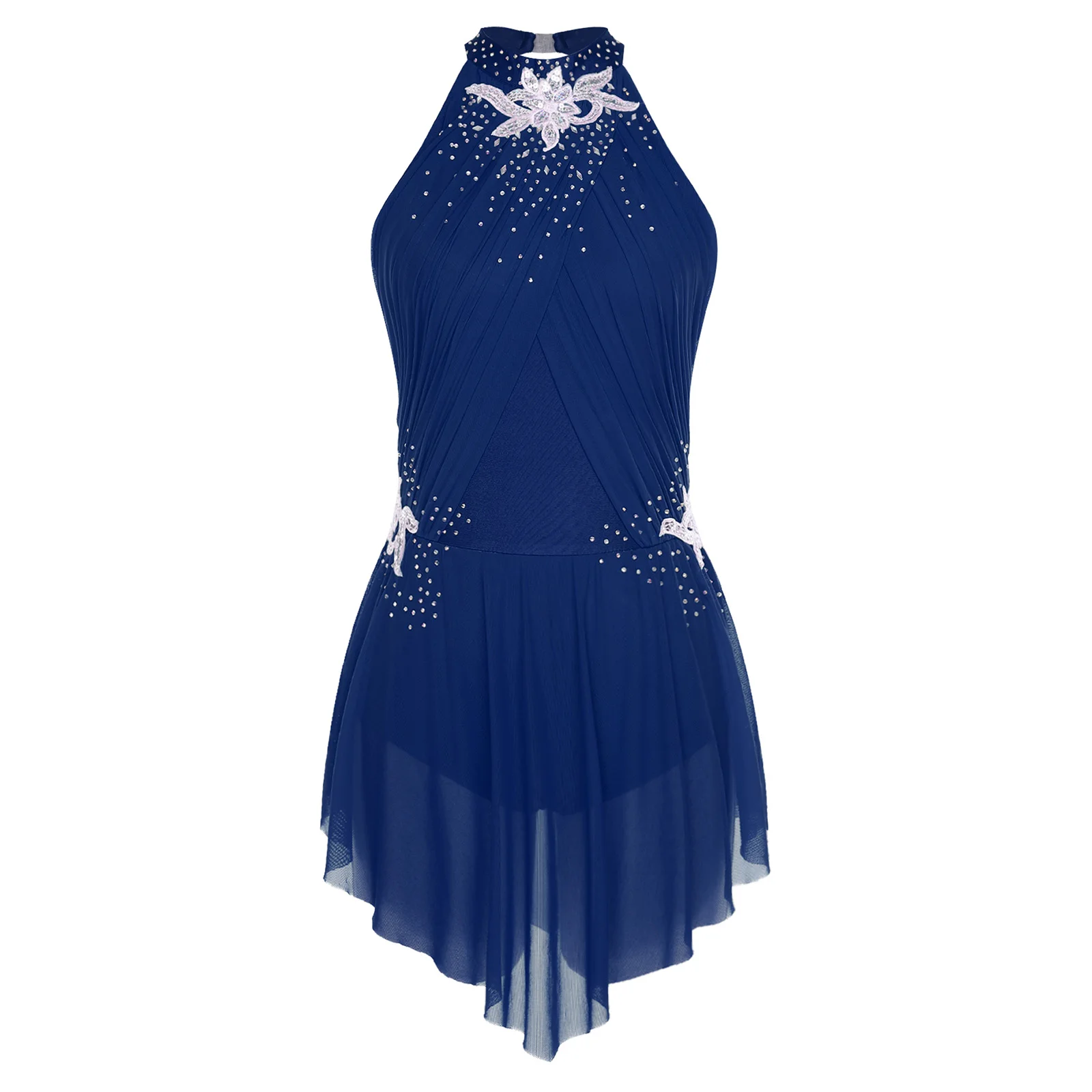 ‌ فستان أنيق لأداء الرقص اللاتيني التانغو للنساء، مزيج قابل للتمدد مع تطريز زهور للرقص الغنائي للتزلج على الجليد