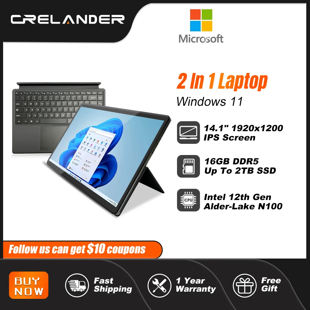 CRELANDER 14형 2-in-1 태블릿 터치스크린 노트북 Intel N100 미니 컴퓨터 Windows 11 노트북 RGB 마그네틱 키보드 포함