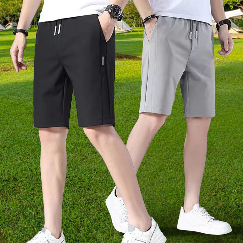 Men Summer Casual Shorts Elastic Waist Drawstring Straight Solidcolor Ice Silk Sports Thin Pocket Knee Length Pants Men Clothing