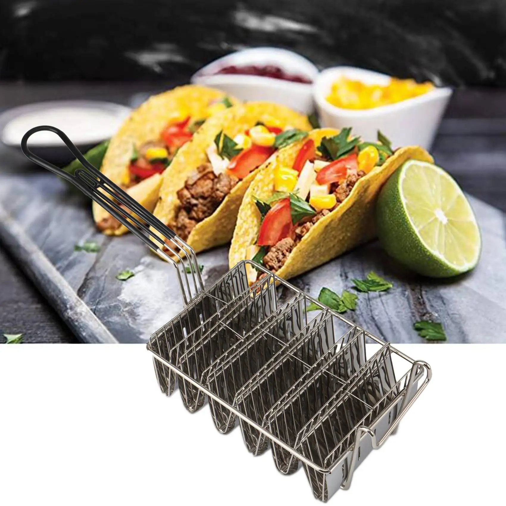HOT Taco Fryer Basket, Taco Shell Fryer, Holds 6 Shells Deep Fryer Taco Holders Basket with Grip Handle Taco Holder Stand
