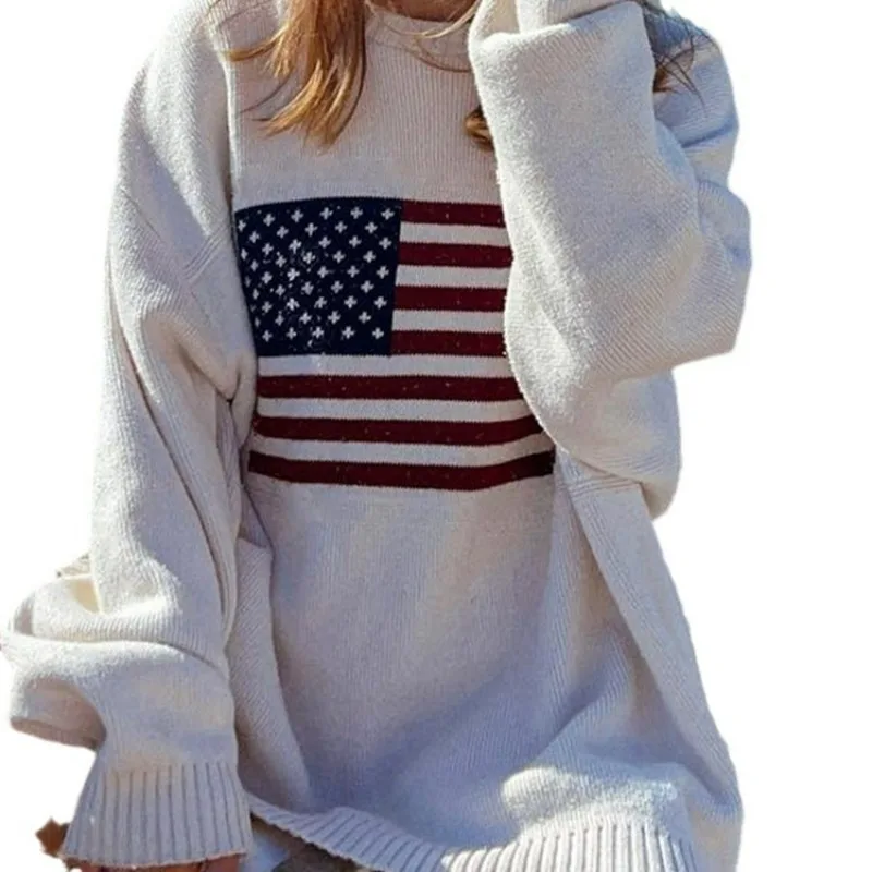Women's Vintage American Flag Knit Sweater  Long Sleeve Sweaters OversizedPullover Winter Tops Luxury Clothes Y2K  Aesthetic