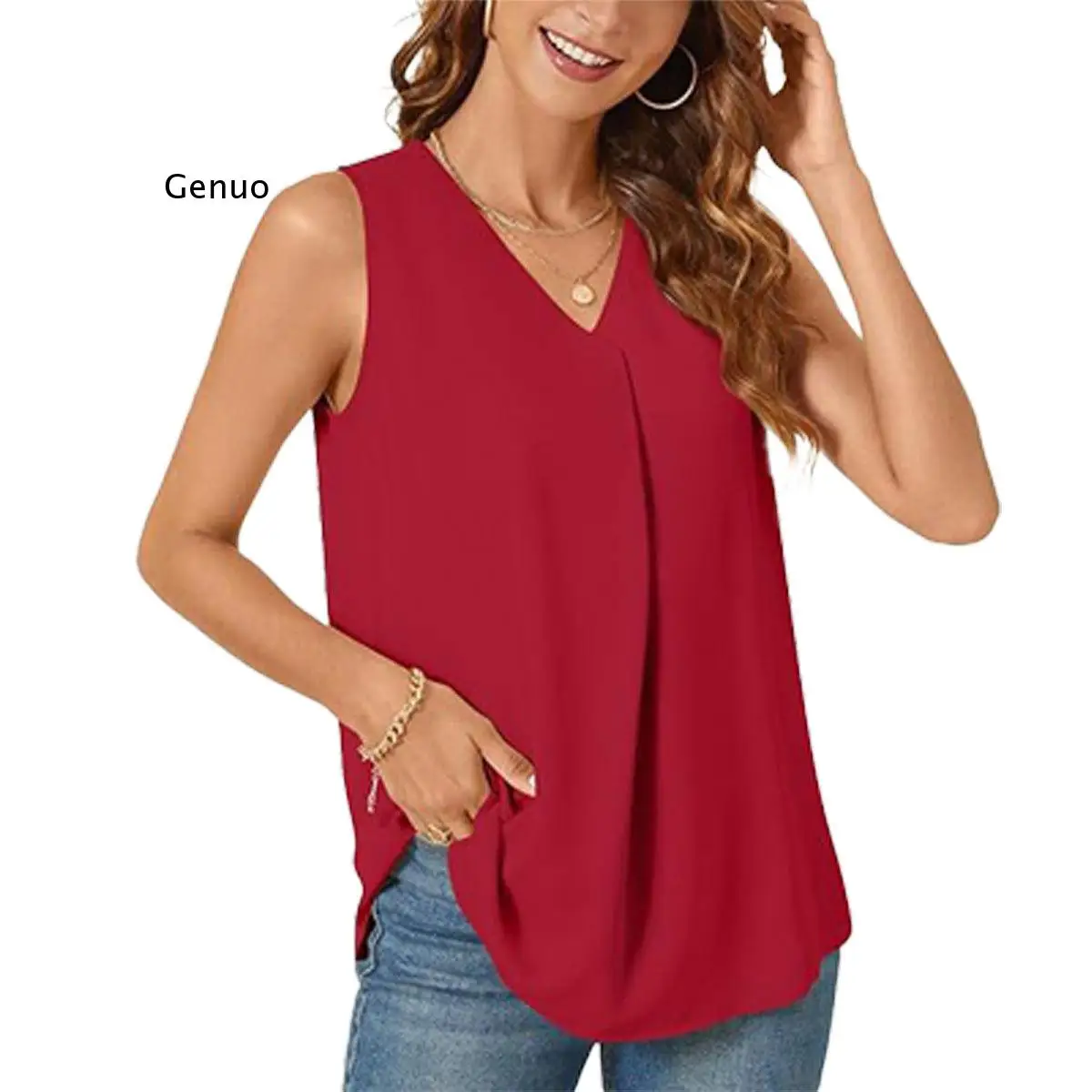 2026 New Womens Casual Solid Color V Neck Sleeveless Blouse Loose Split Hem Tank Top For Everyday Outfit