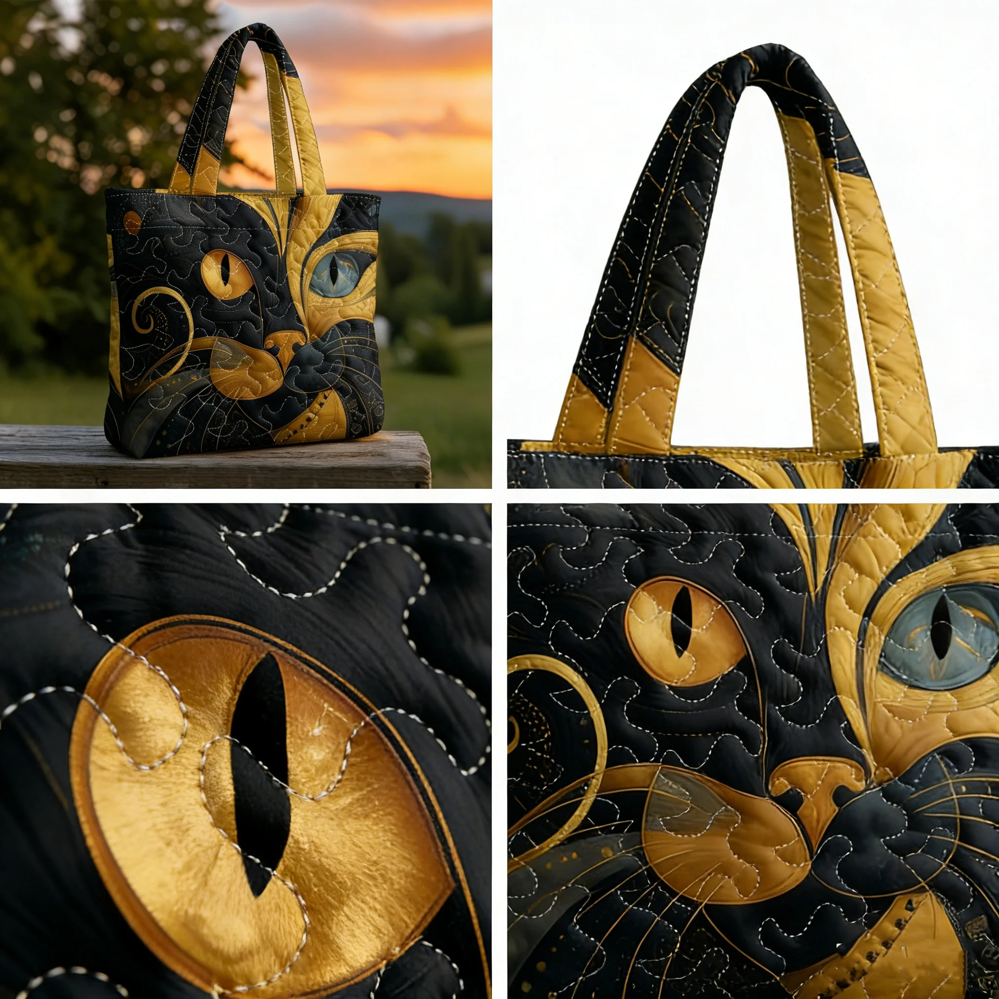 

Quilted Tote Bag for Women, Stylish Black and Gold Cat Shoulder Bag, Daily Shopping Bag with Contrasting Cat Eyes Design