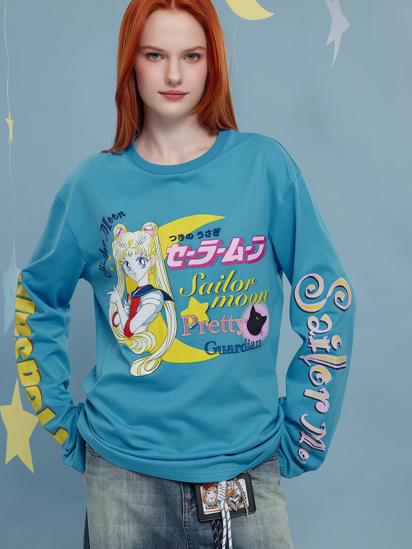 

OoofYang BGM Blue Long Sve Cartoon Print T-irt for Women Loose Fit Cotton Autumn Faion Ladies' Tee