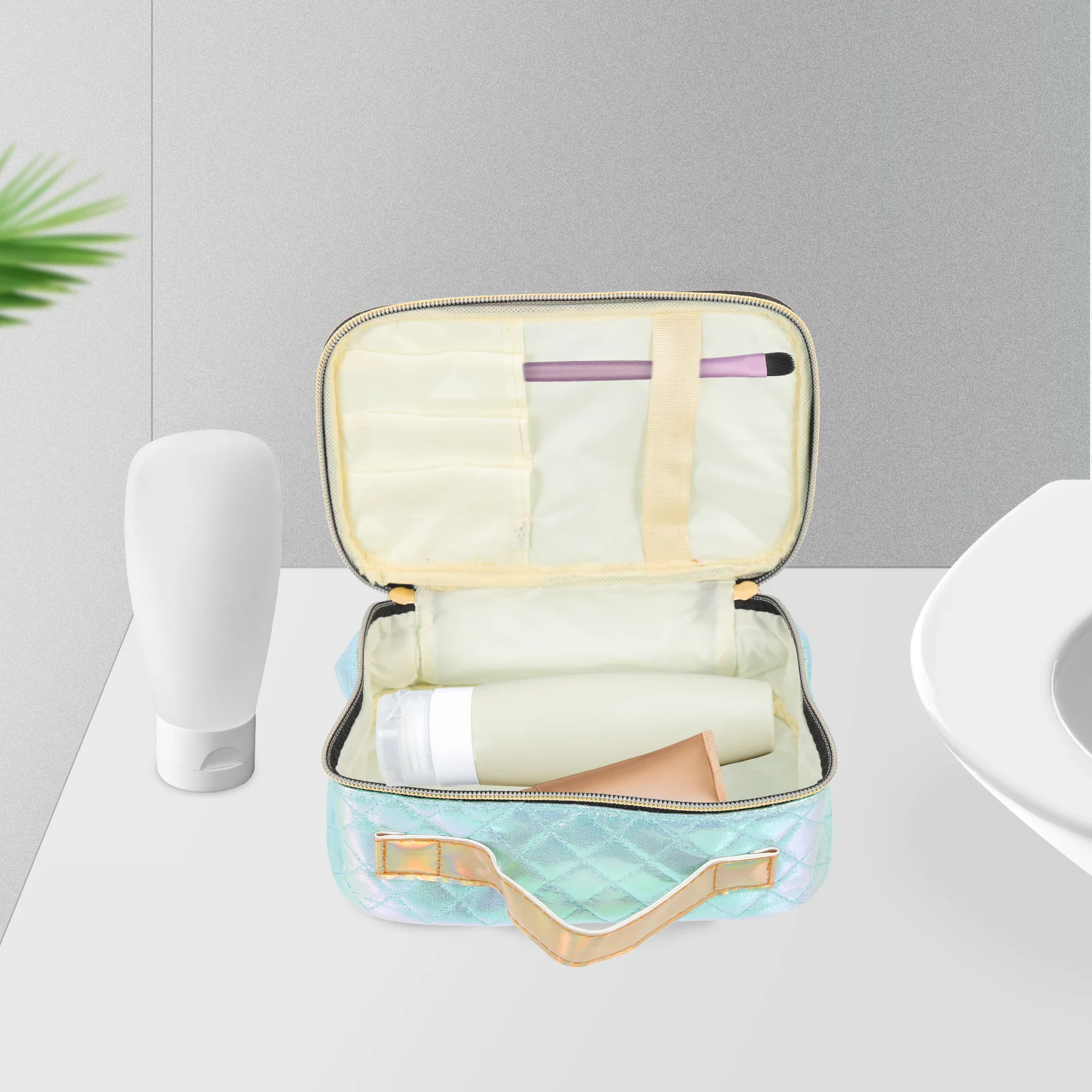 

Waterproof Organizer Large Capacity Portable Travel Pu Handle Double Zipper For Makeup Brushes Skincare Tools Cuboid