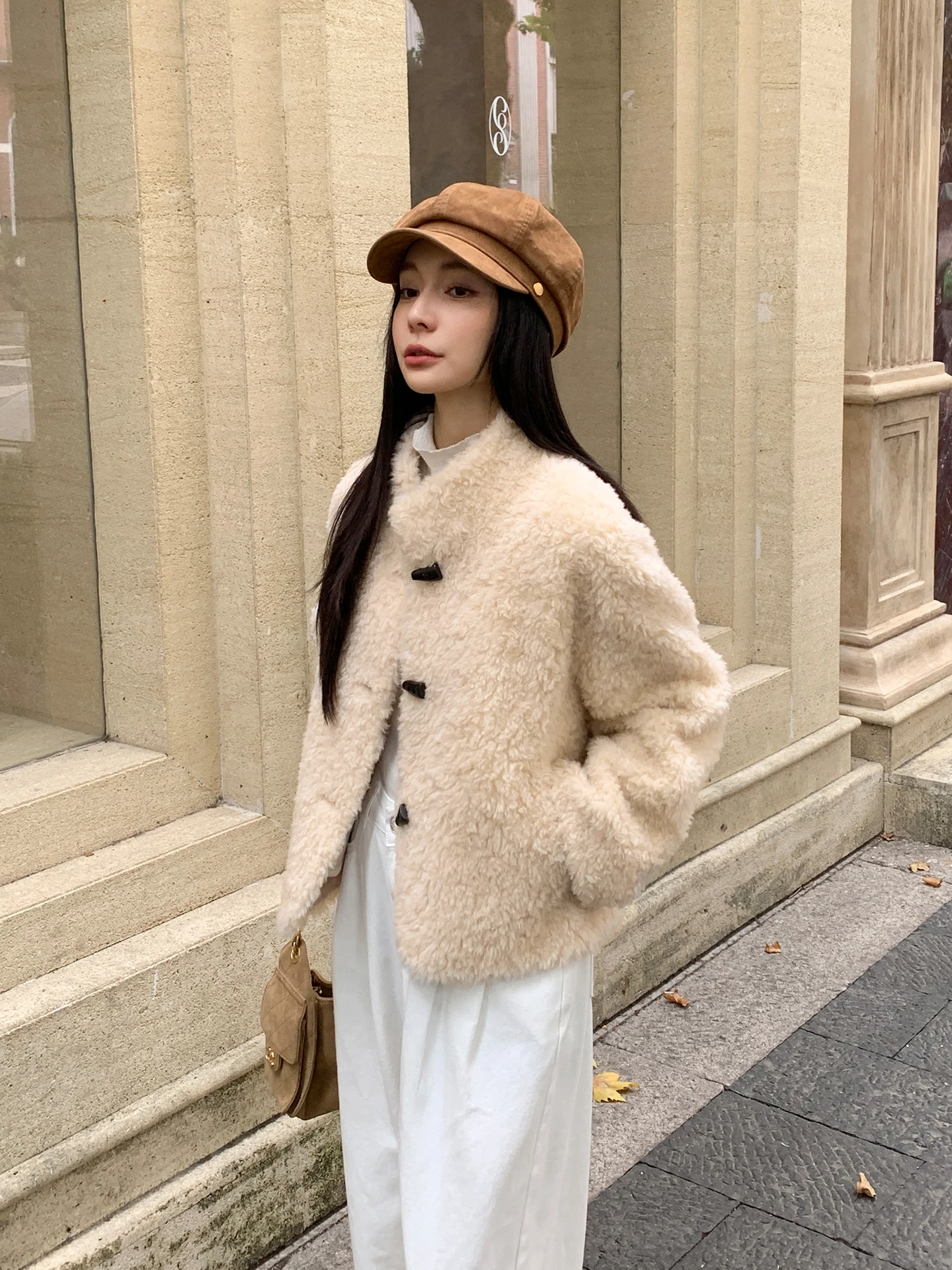 

Casual Sle ort eepskin Jaet Women's Stand Collar Buttoned Fur Trimmed Leather 2025 Winter Thiened Long Sve Coat