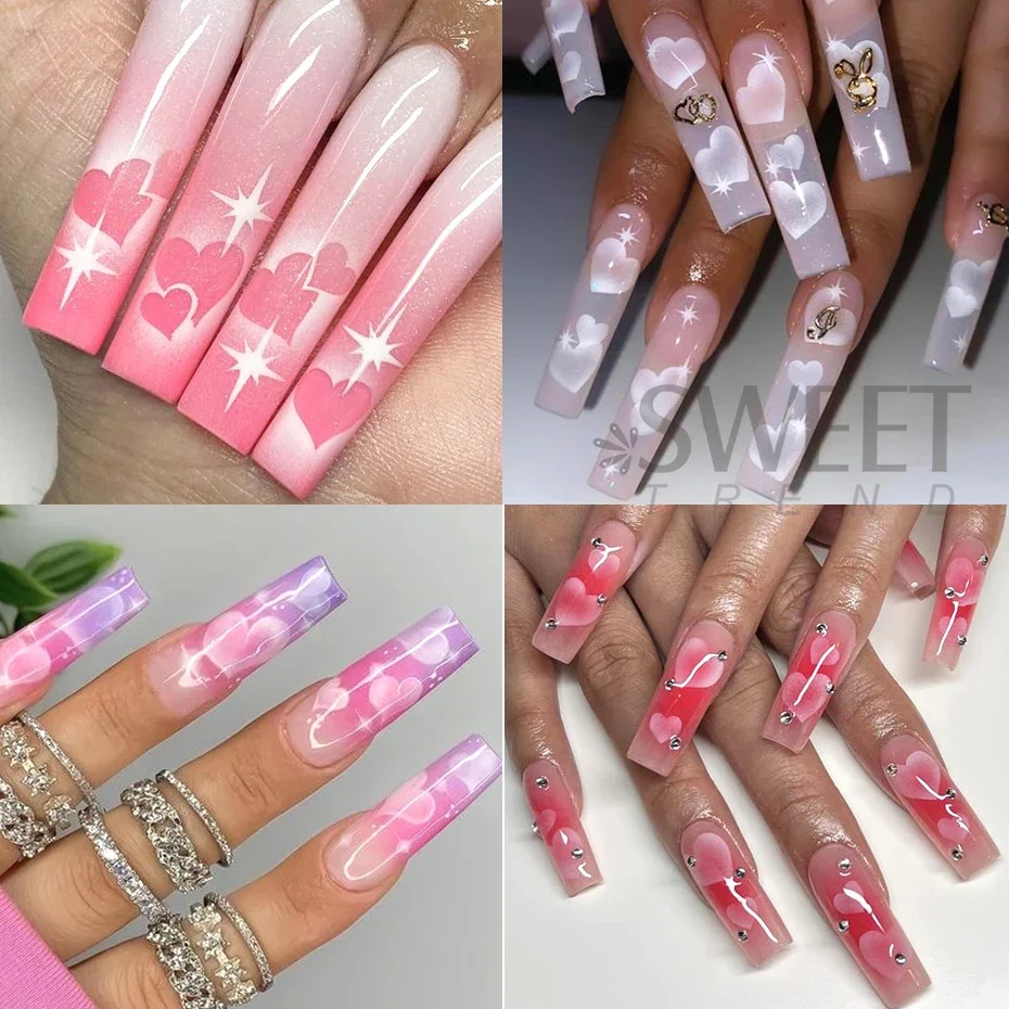 3D Heart Stars Nail Stickers Matte White Airbrush y2k Love Heart Valentines Gradient Bloomming Slider Gel Polish Nail Decoration