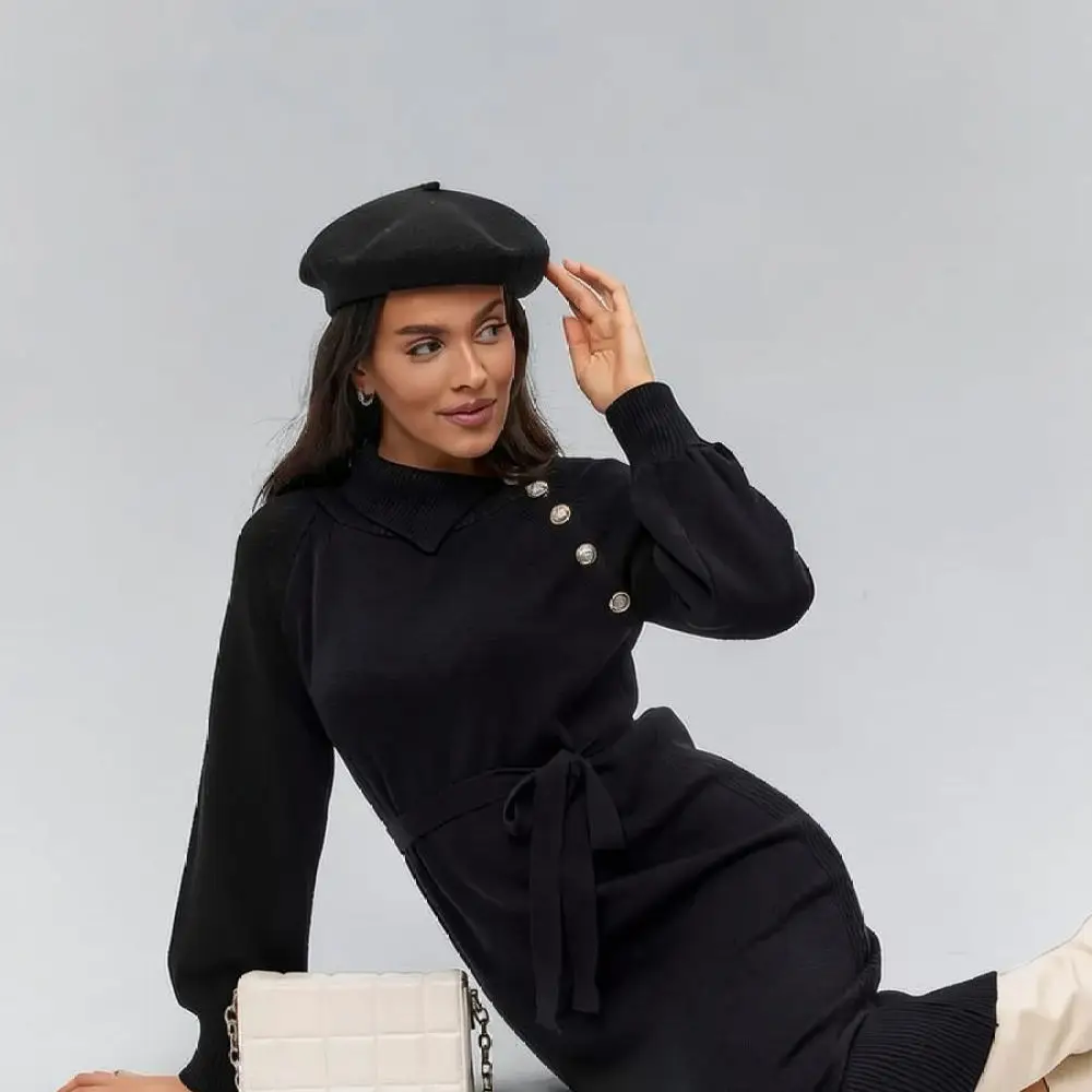 New Autumn Winter Knitted Dresses Women Lapel Button Design Casual Long Sleeve Pullover Midi Dress Slim Fit Fashion Outfits