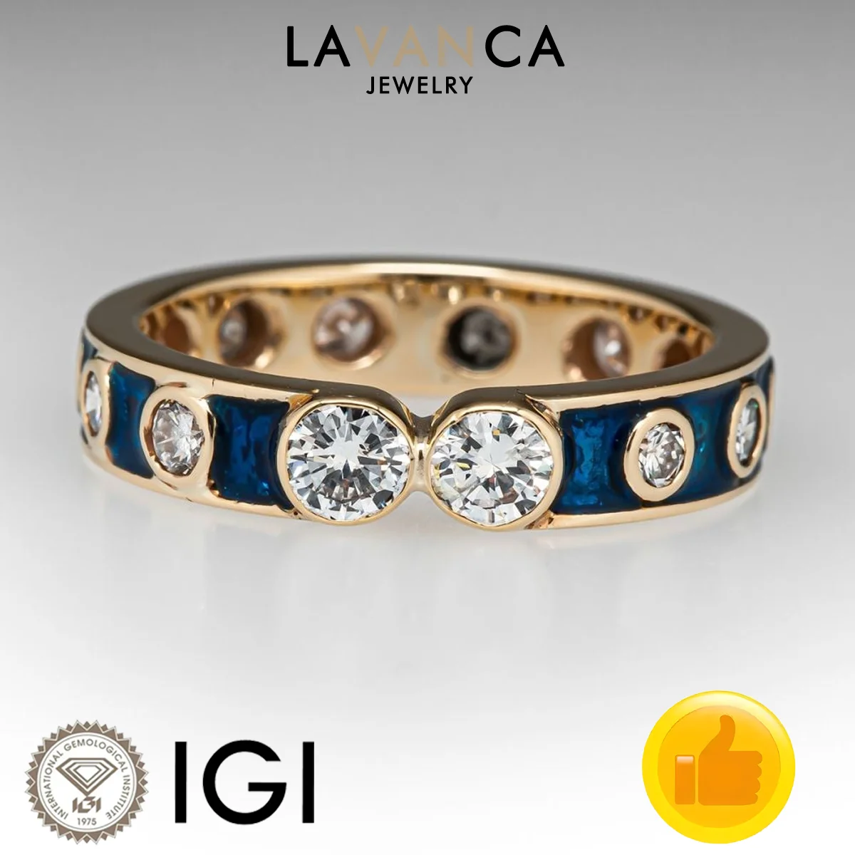 

Round Cut Lab Created Diamond Eternity Ring Featuring Blue Enamel Work Lab Diamond Ring 9K/14K/18K Gold Unique Engagement Ring