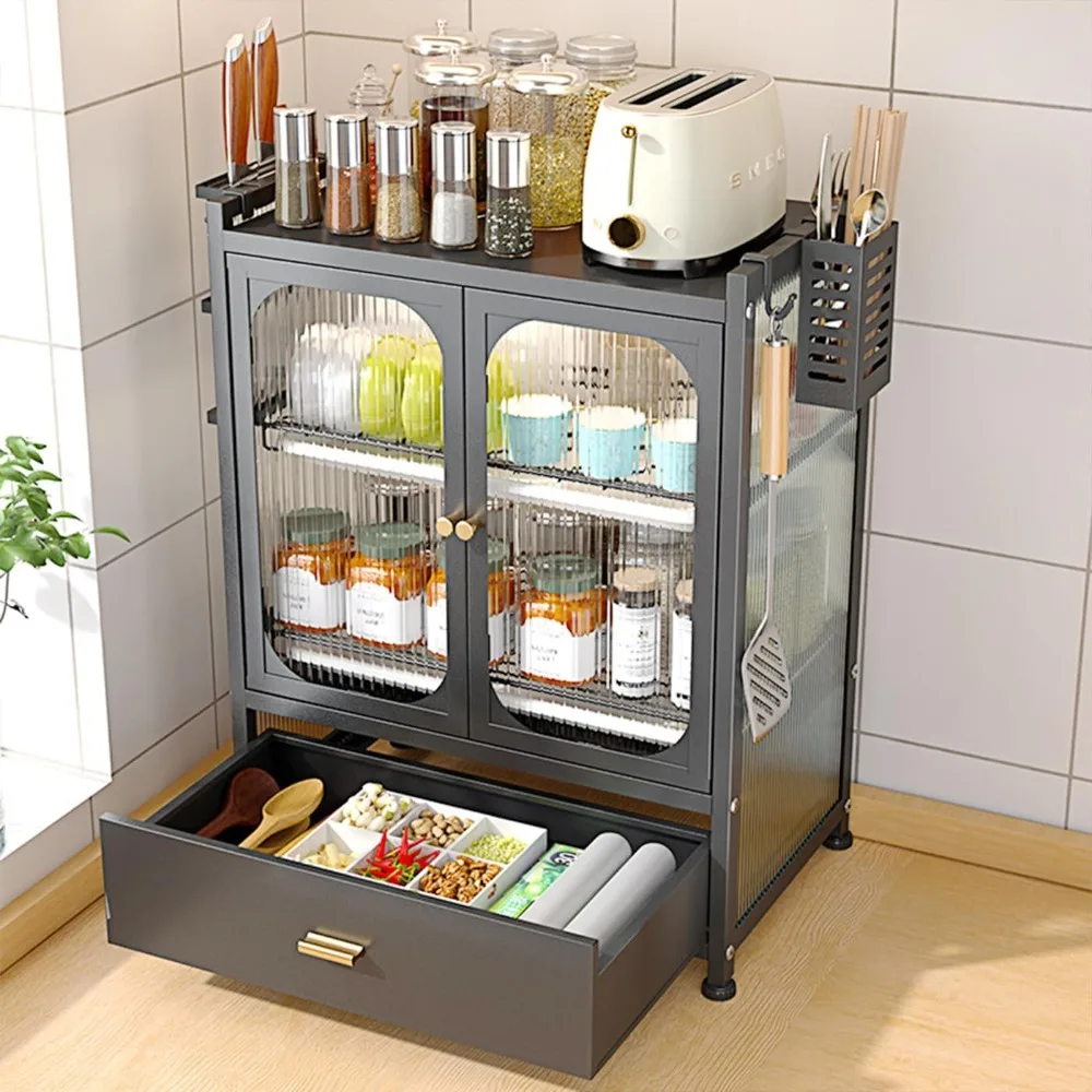 สีเทา 3 ชั้นเหล็กจานแห้งสําหรับเคาน์เตอร์ครัว,Drainer Rack เคาน์เตอร์ครัวผู้ถือภาชนะ W/ลิ้นชักจานตู้