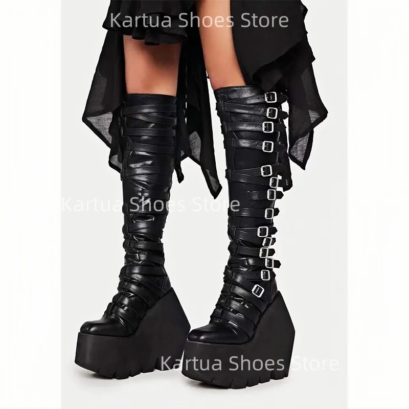 

Women's Black Leather Over The Knee Platform Boots Multiple Buckle Strap Design Extreme Chunky Wedge Heel Punk Rock Cosplay Boot
