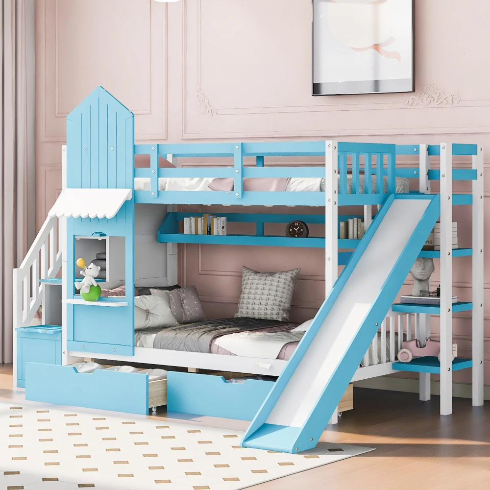 

Twin-Over-Twin Castle Style Bunk Bed with 2 Drawers 3 Shelves and Slide - Blue(OLD SKU:LT000559AAC-1)