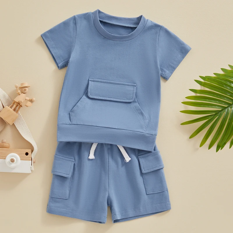 VISgogo Baby Boy Summer 2 Piece Outfits Short Sleeve Front Pocket Tops + Elastic Waist Cargo Shorts Infant Solid Color Set