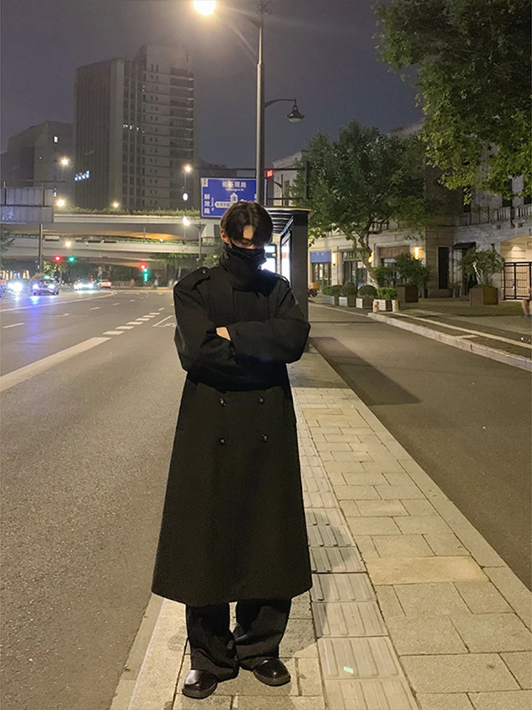 

Корейское шерстяное мужское пальто до колен, длинное пальто-оверсайз, элегантное, премиум-класса, свободного кроя, для молодежи, придающее энергичный вид